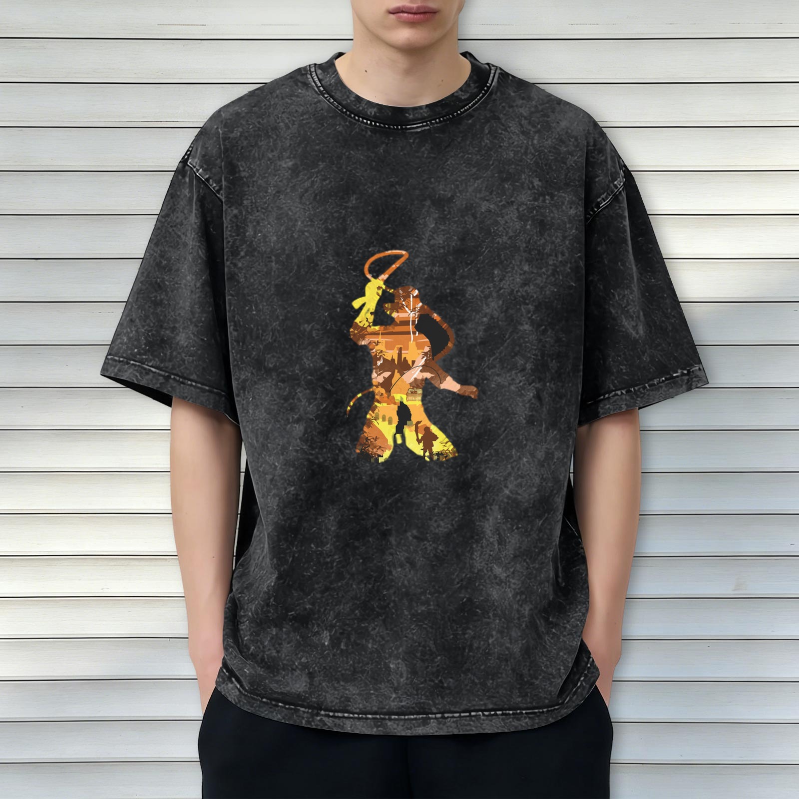 Washed Black Oversized T-Shirt With Monkey King Silhouette Graphic