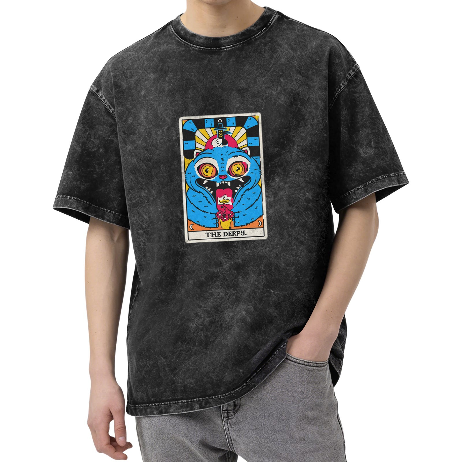 Distressed washed black loose short-sleeved T-shirt Fun tarot card style blue monster print top