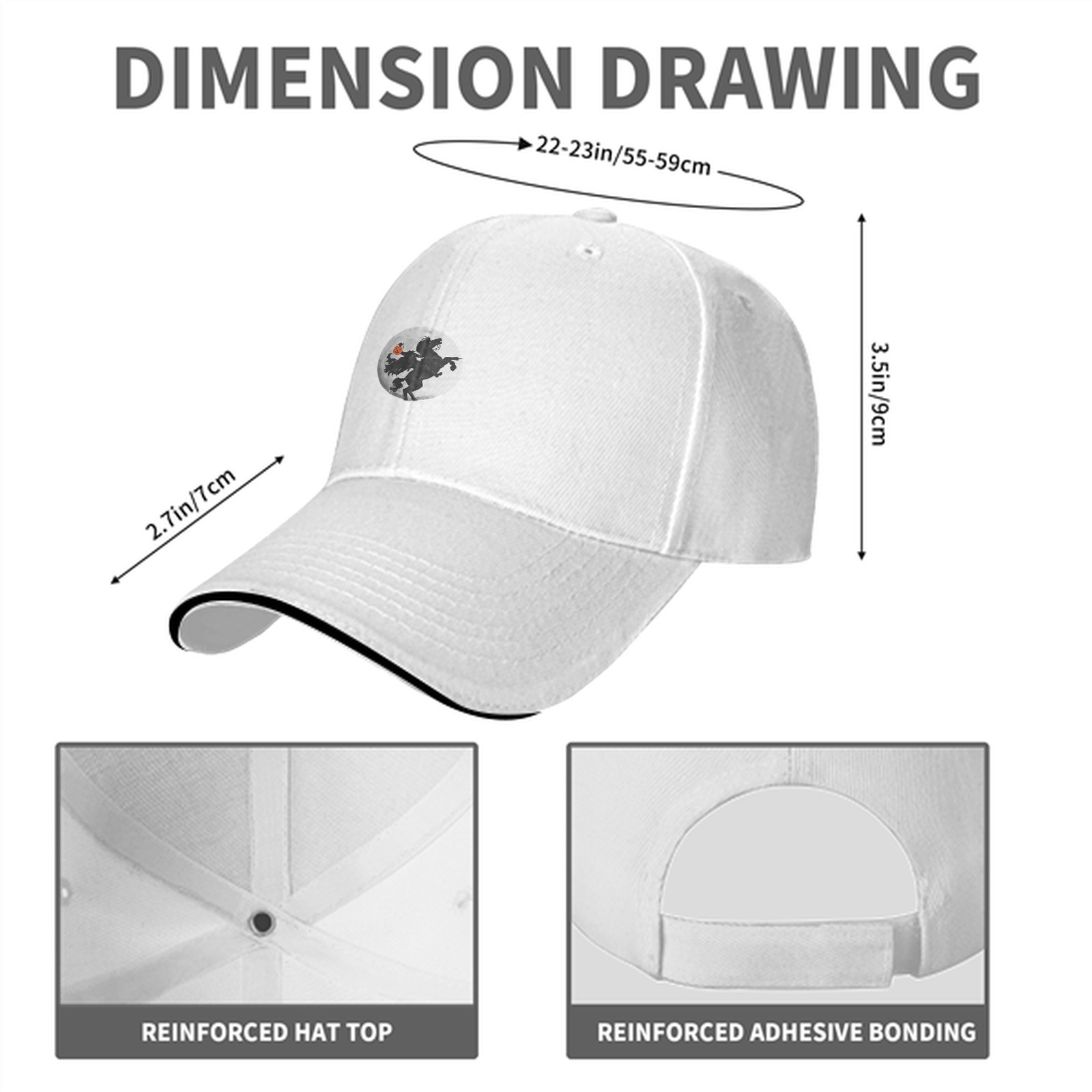 Black baseball cap with headless horseman silhouette graphic
