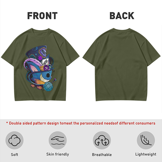 Olive T-shirt with Whimsical Mad Hatter Style Blue Creature Graphic