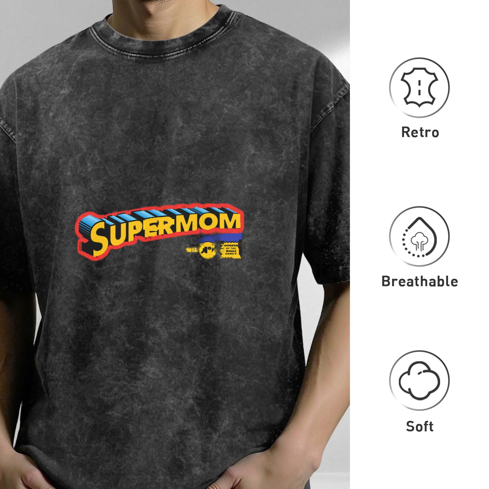 Washed Black T-Shirt With Supermom Comic Style Graphic Print