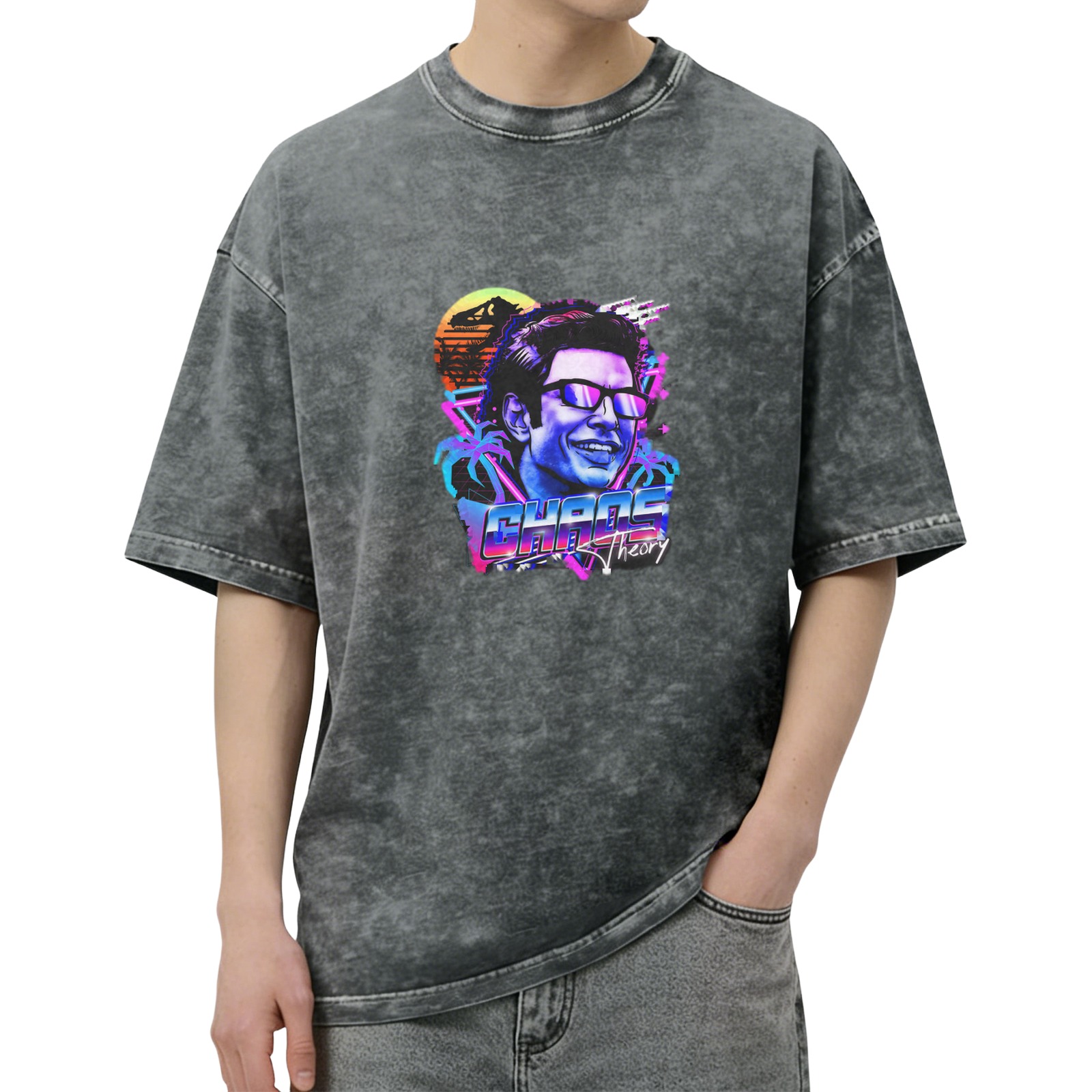 Retro vaporwave Chaos Theory print washed black loose short-sleeved T-shirt