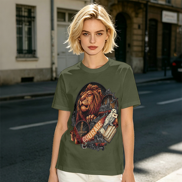 Olive T-Shirt With Lion Courage Themed Fantasy Art Print