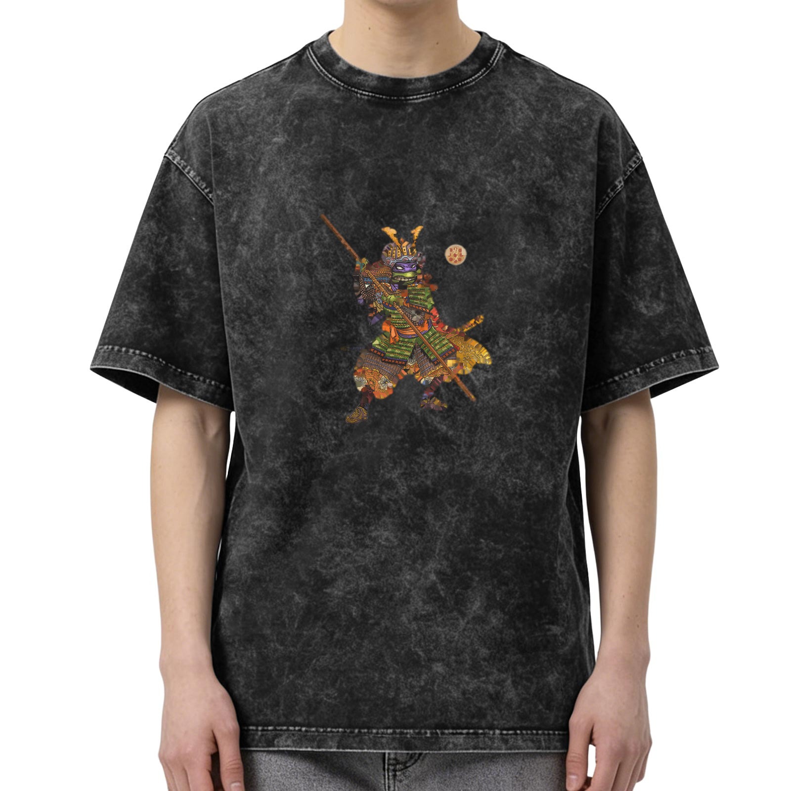 Oversized Black Acid Wash T-Shirt with Samurai Warrior Graphic