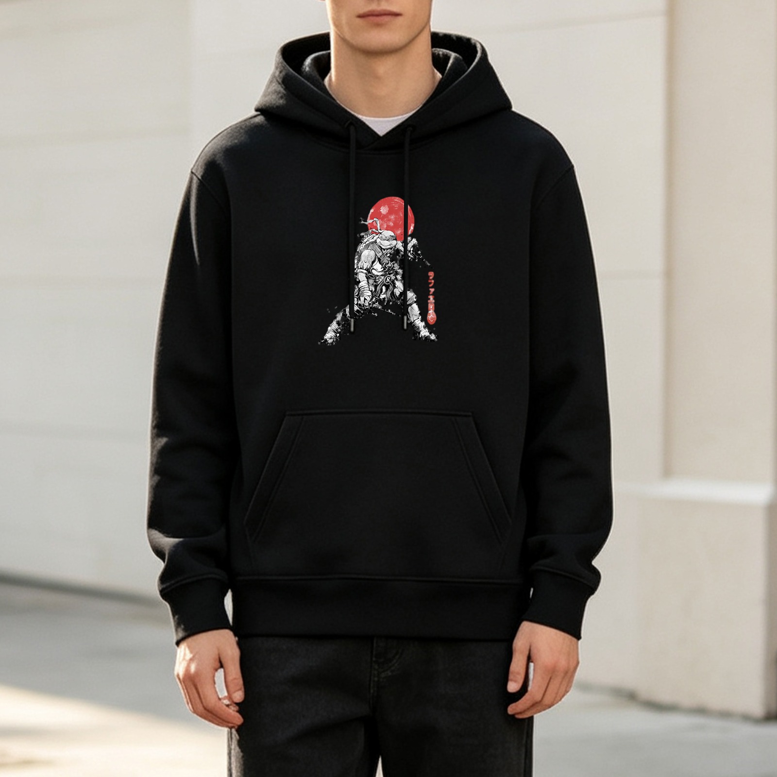 Black Hoodie With Samurai Turtle And Red Moon Graphic