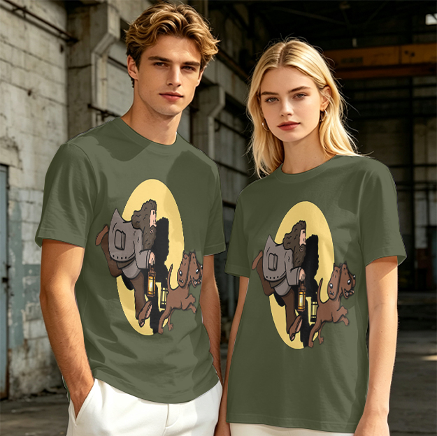 Olive T-Shirt With Cartoon Man And Dog Running Graphic