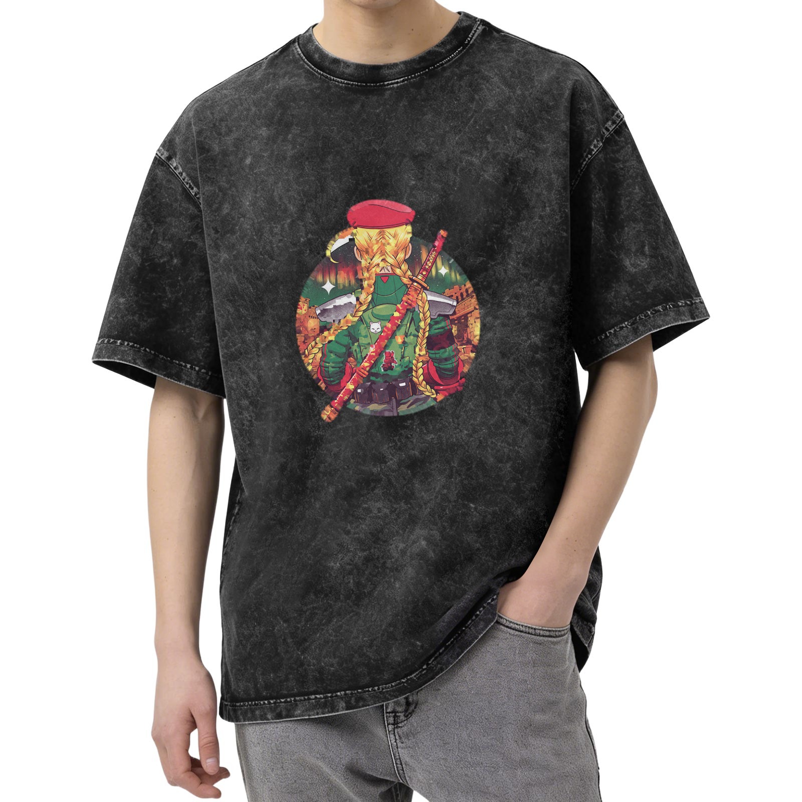 Oversized black washed t-shirt with anime character graphic print
