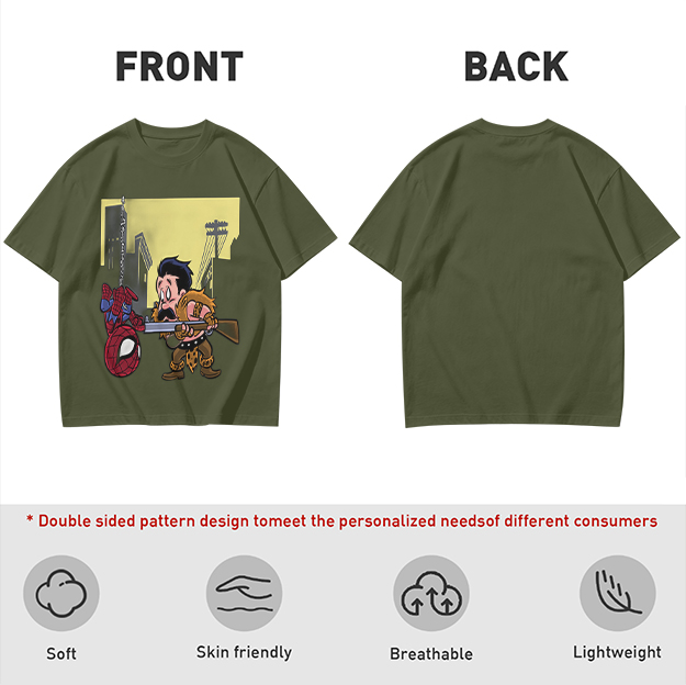 Olive T-shirt with Spider-Man and Hunter Cartoon Print