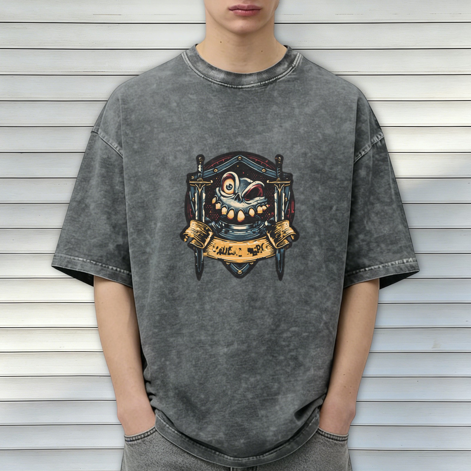Washed Black Oversized T-Shirt With Cartoon Skull Swords Graphic