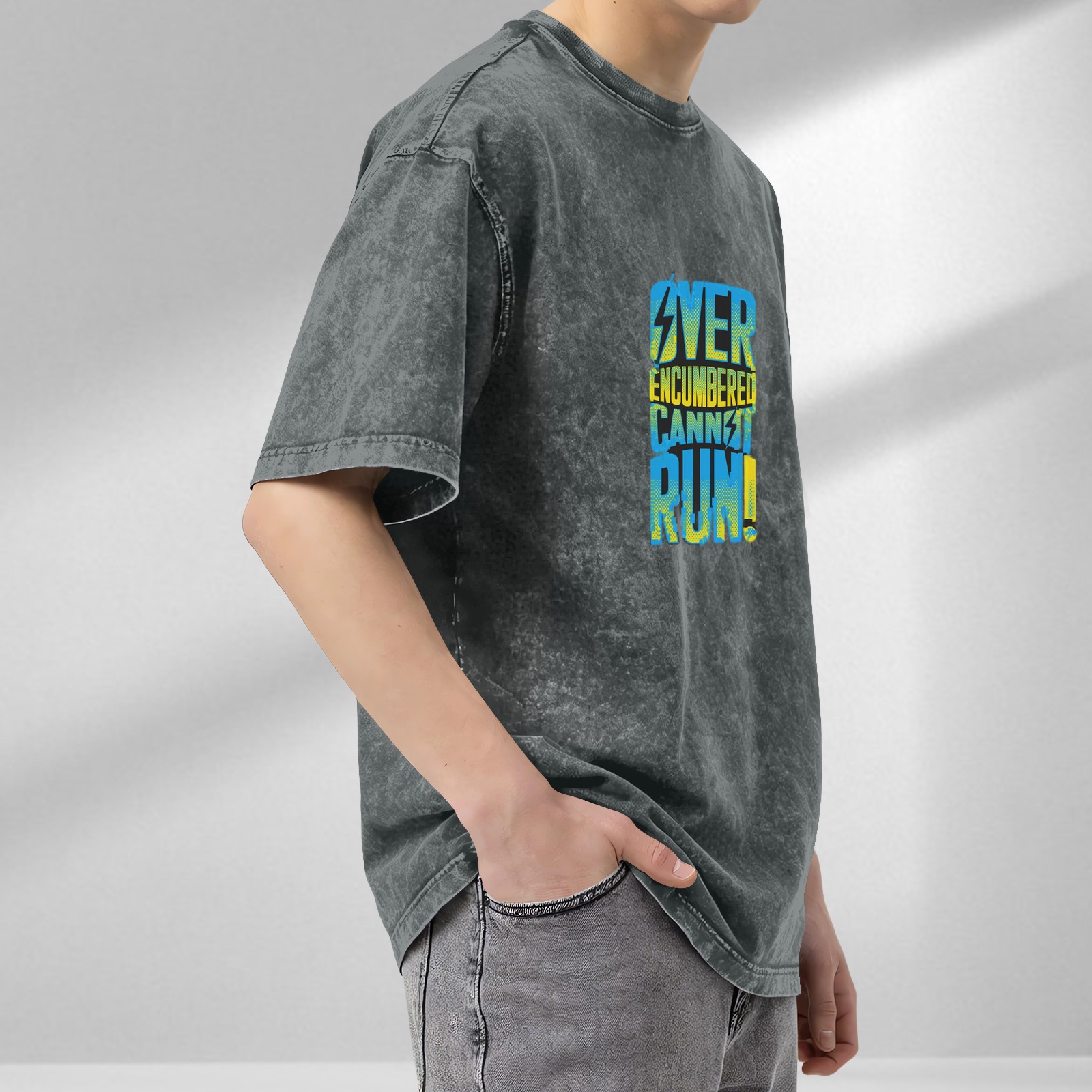 Over Encumbered Cannot Run Graphic Dark Wash T-Shirt