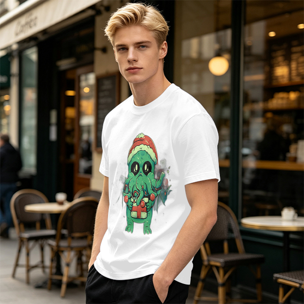 Olive Green T-Shirt With Cute Christmas Cthulhu Graphic