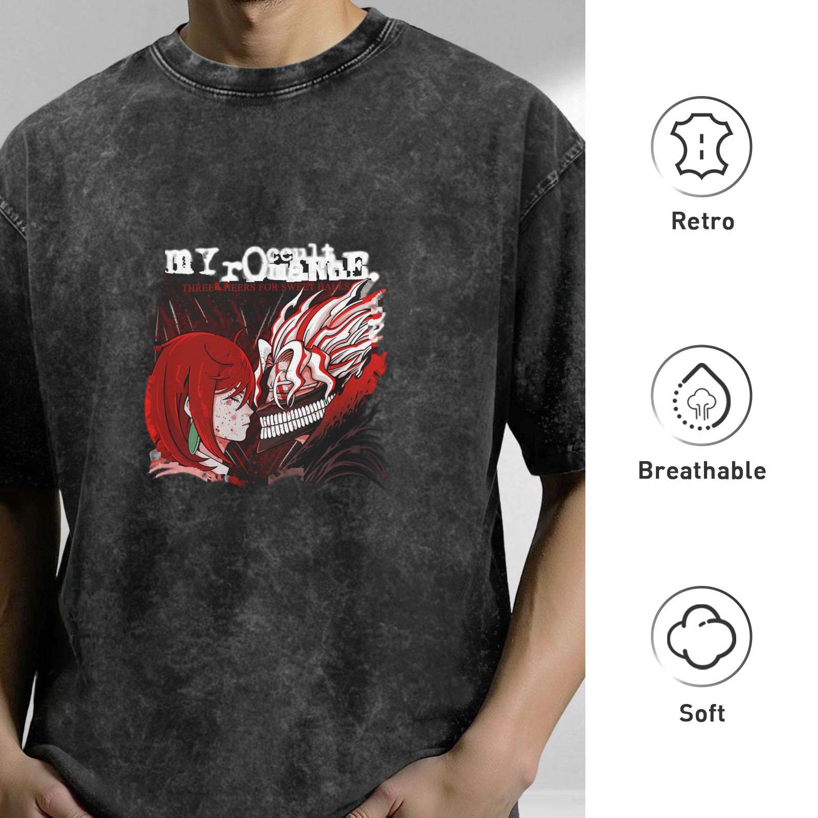 Oversized Acid Wash Anime Graphic T-Shirt with Dark Art Print
