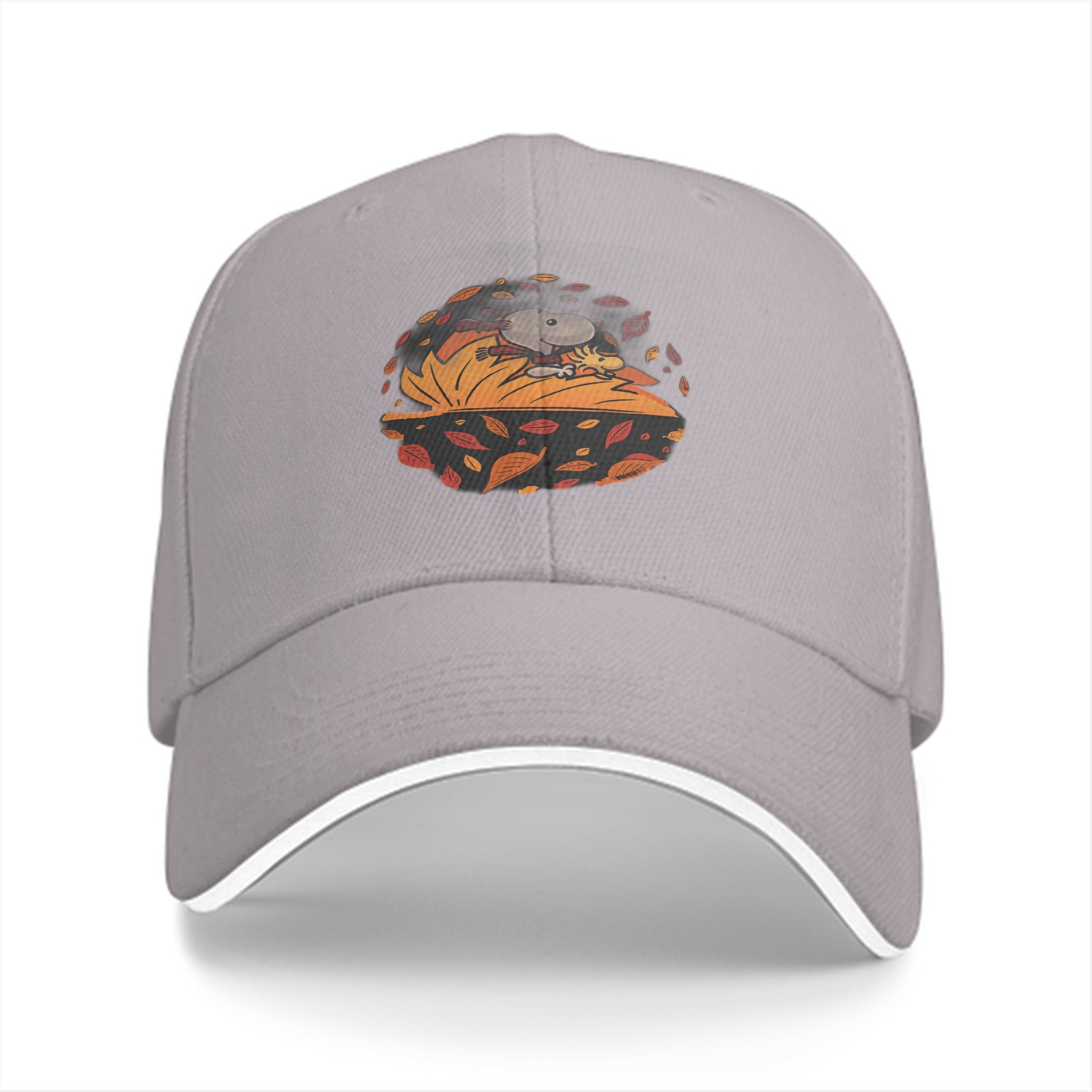 Black baseball cap with autumn leaf and character graphic