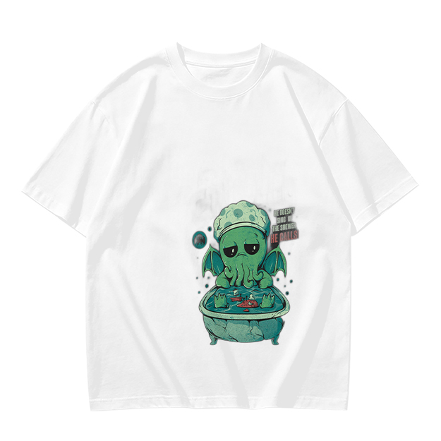 Olive T-shirt with Cute Sad Cthulhu Bathing Graphic