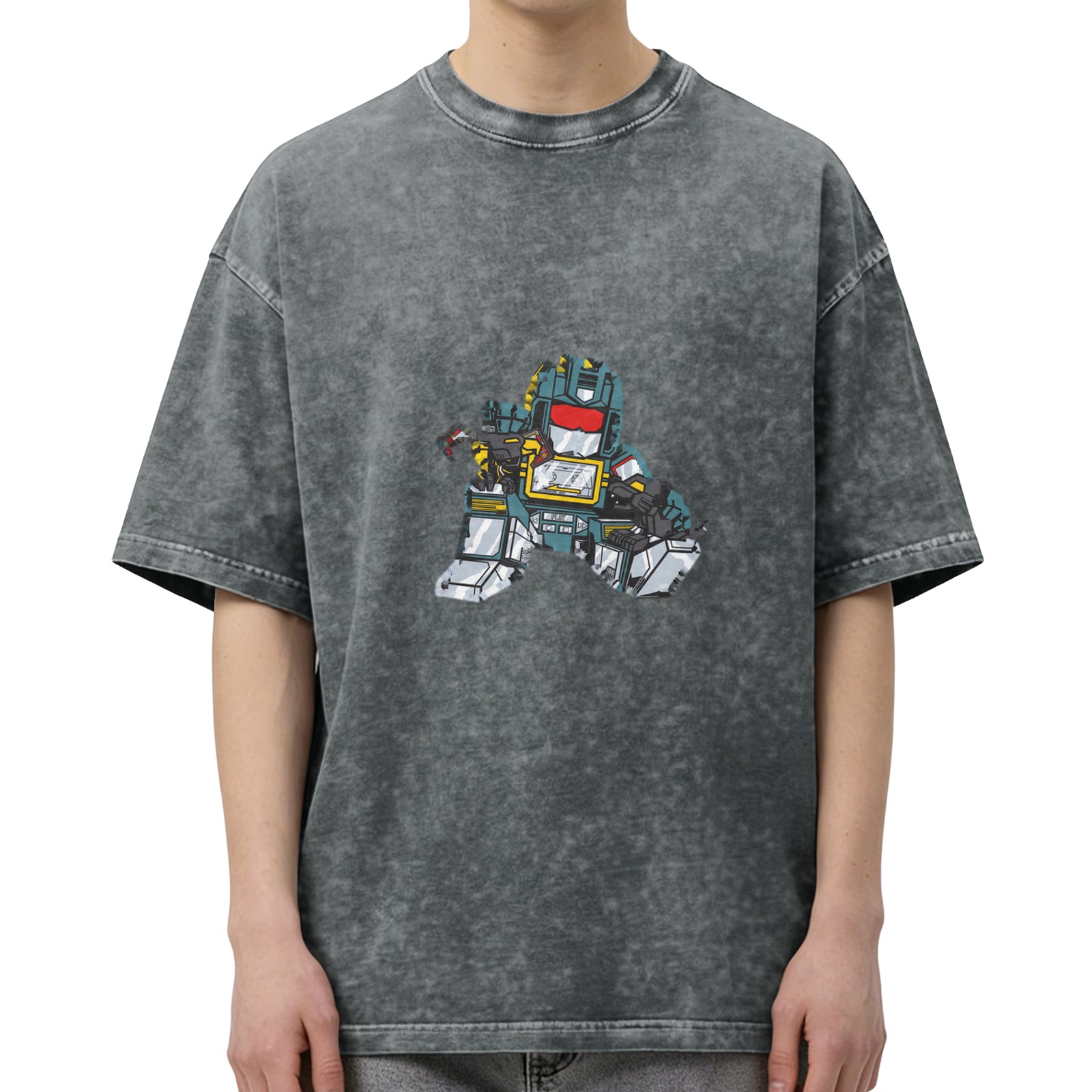 Oversized Acid Wash Black T-Shirt with Chibi Transformers Soundwave Graphic Print