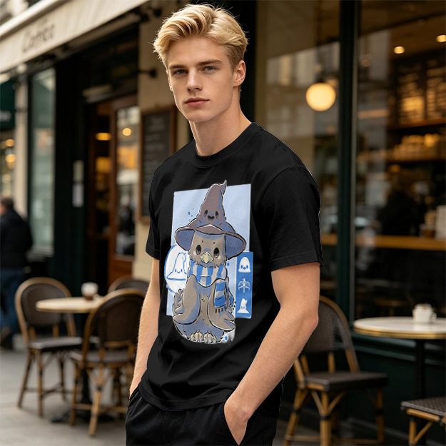 Owl in wizard hat and striped scarf graphic tee