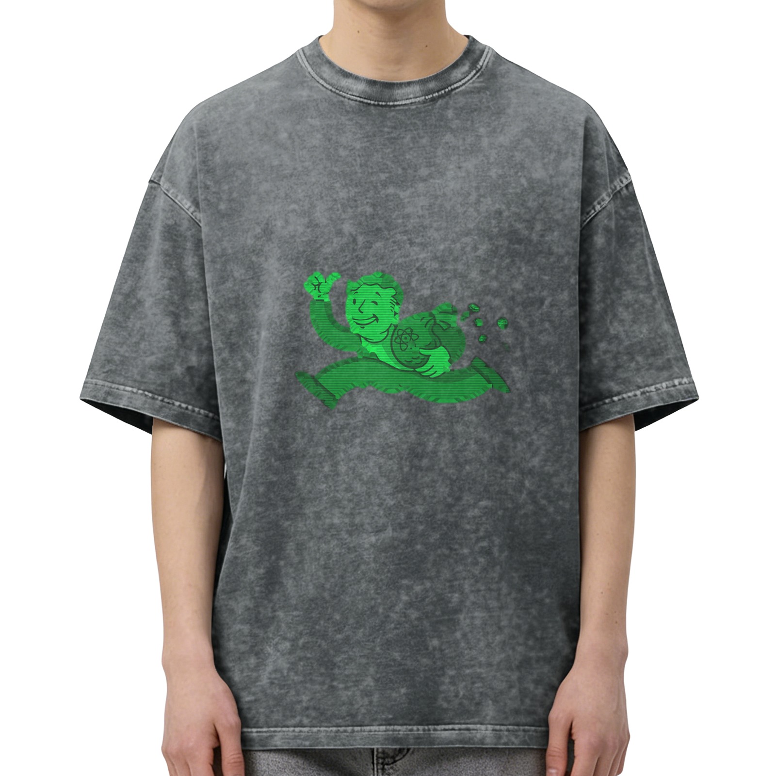 Oversized acid wash t-shirt with green Vault Boy running graphic