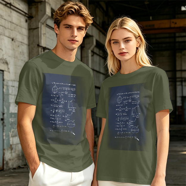 Olive Green T-Shirt with Science Math Formulas Print