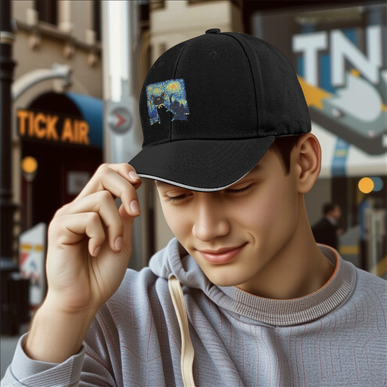 Black Baseball Cap With Starry Night Cat Art Print