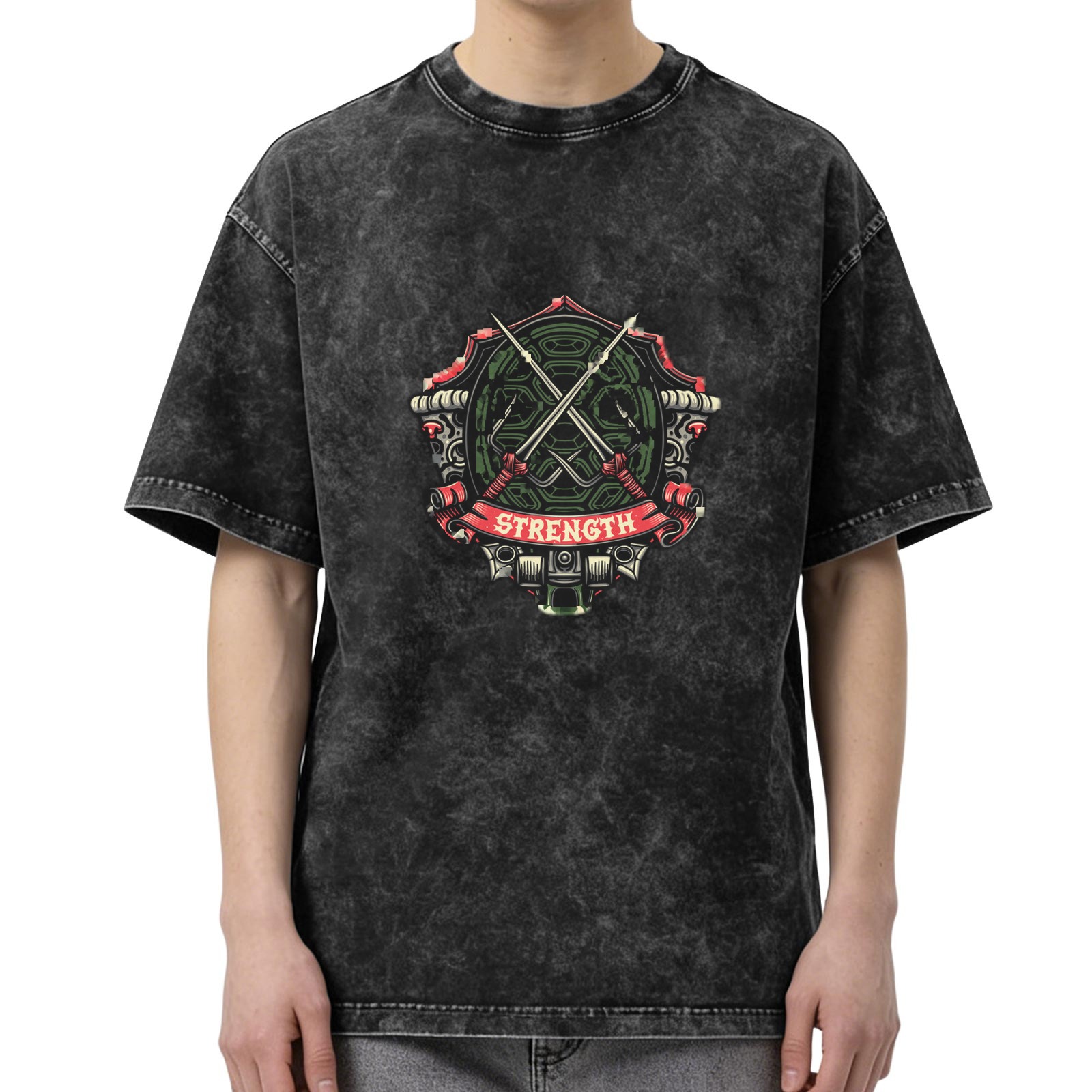 Washed Black Graphic T-Shirt With Strength Crest Design