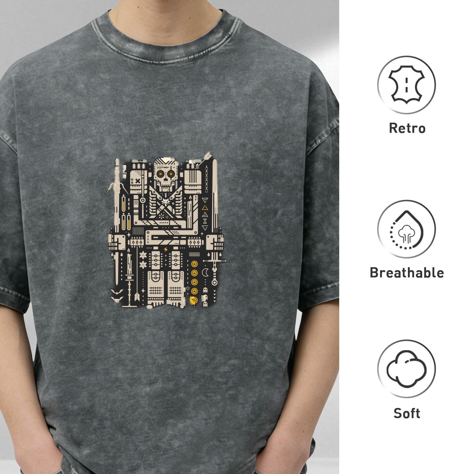 Washed Black T-Shirt With Mechanical Skull Warrior Graphic