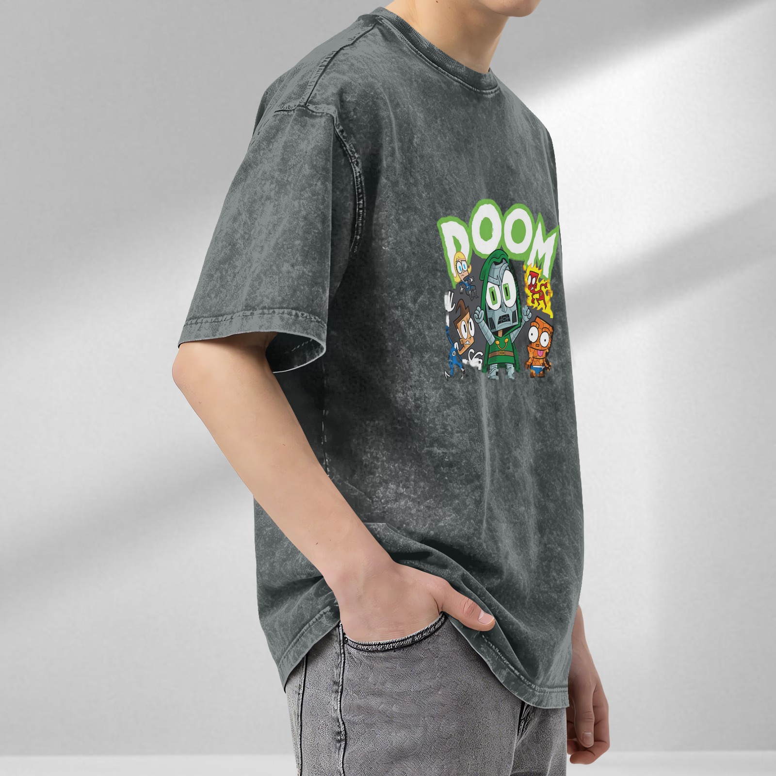 Washed Black T-Shirt With Chibi Doom And Fantastic Four Artwork