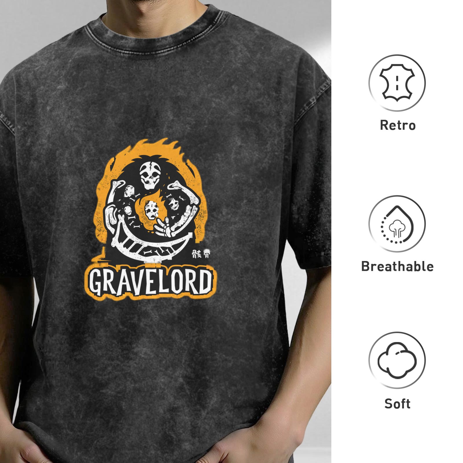 Washed Black Oversized T-Shirt With Gravelord Skeleton Graphic