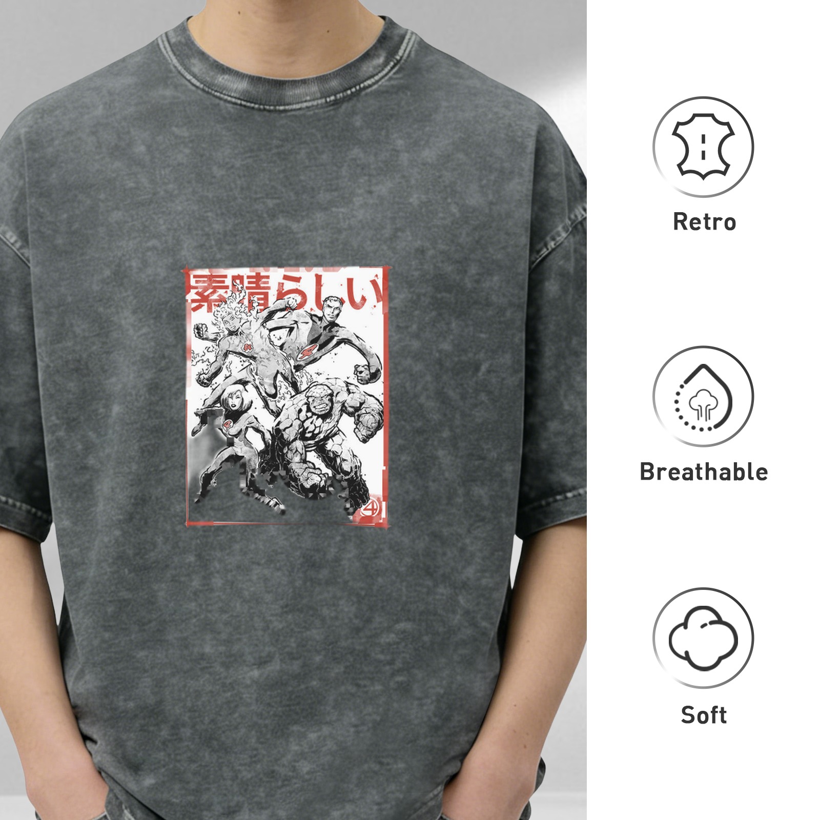 Oversized faded graphic t-shirt with manga-style superhero artwork