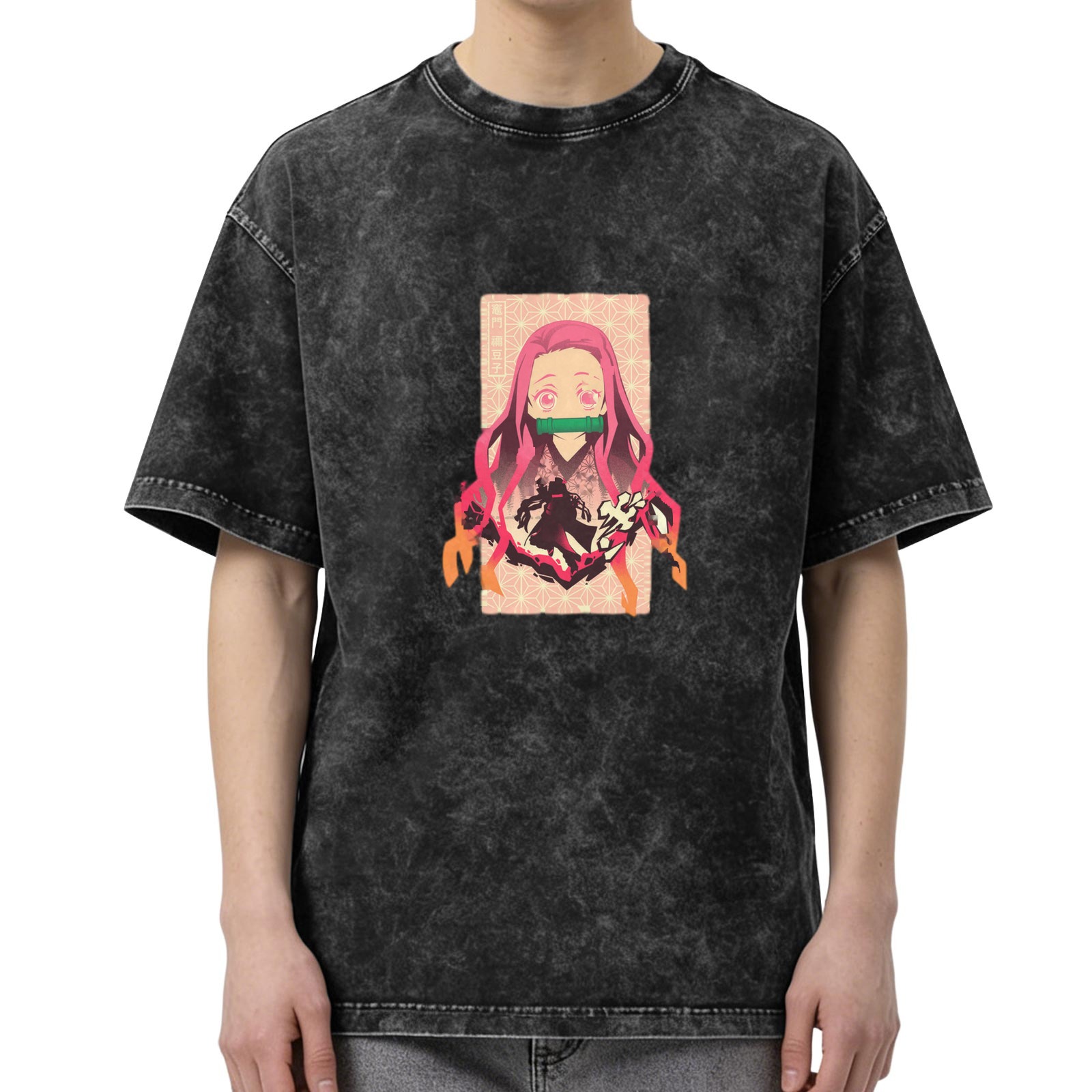 Demon Slayer: Kimetsu no Yaiba Nezuko themed distressed washed black short-sleeved T-shirt anime peripheral loose casual top