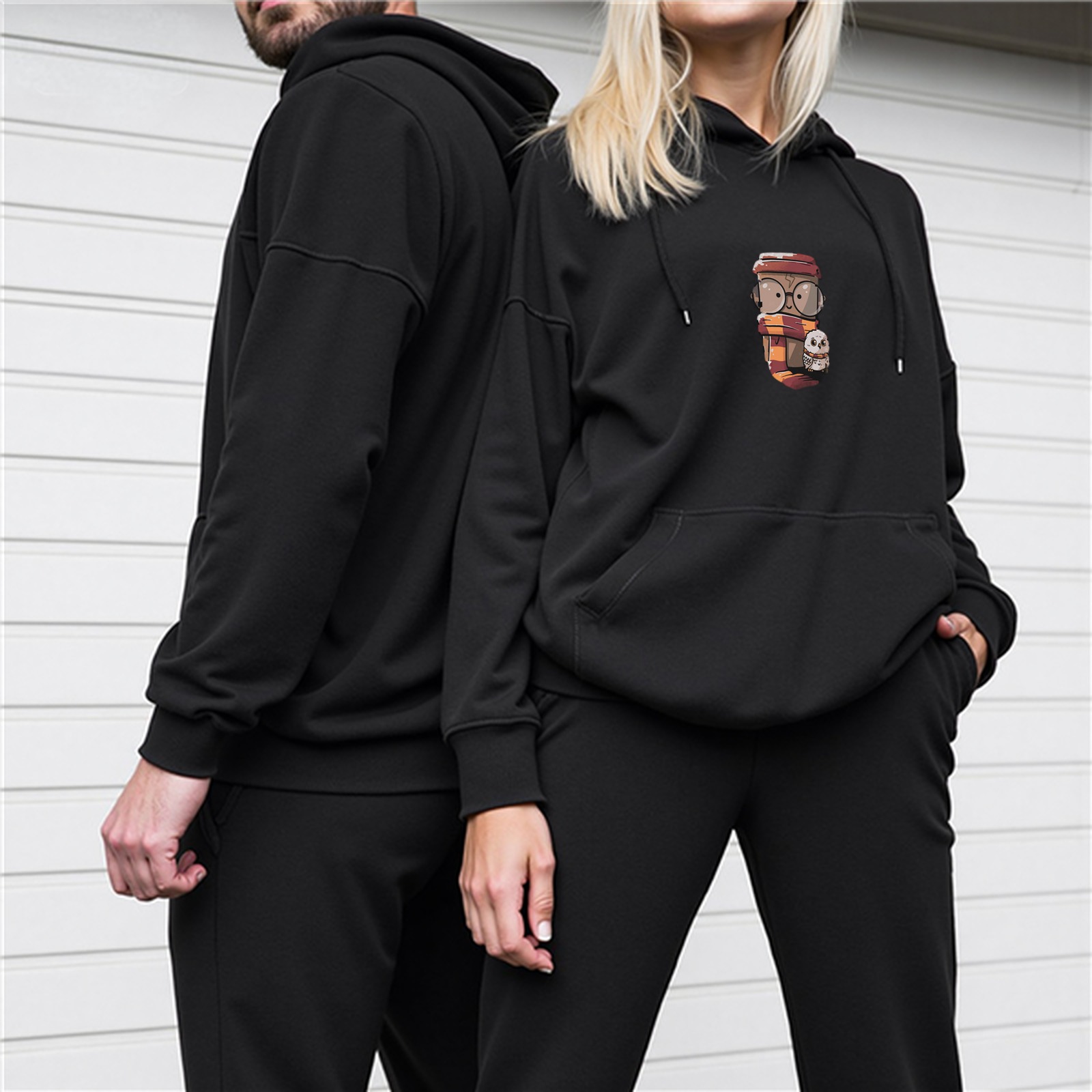 Black hoodie with cute wizard character graphic print