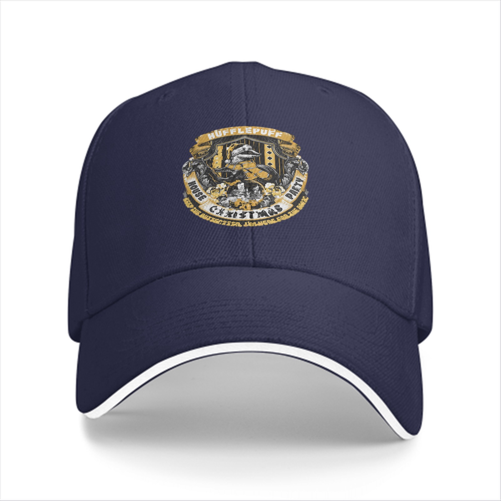 Black baseball cap with Hufflepuff Christmas House Party crest