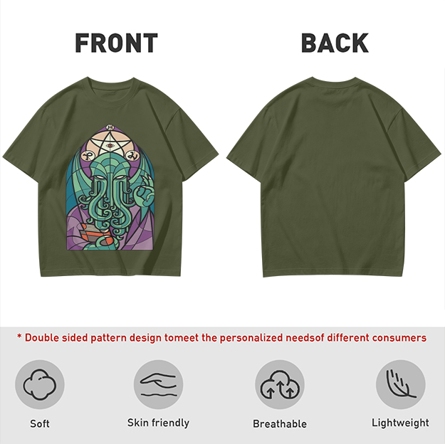 Olive T-Shirt with Stained Glass Style Cthulhu Occult Print