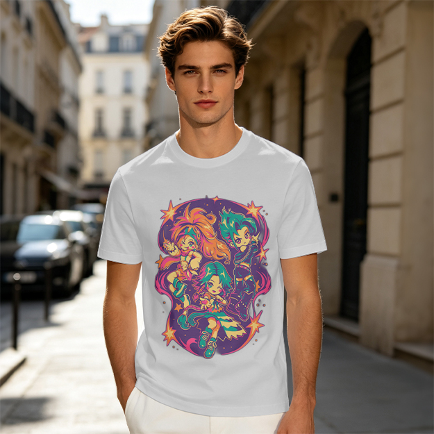 Olive T-Shirt With Vibrant Anime Chibi Characters Graphic Print