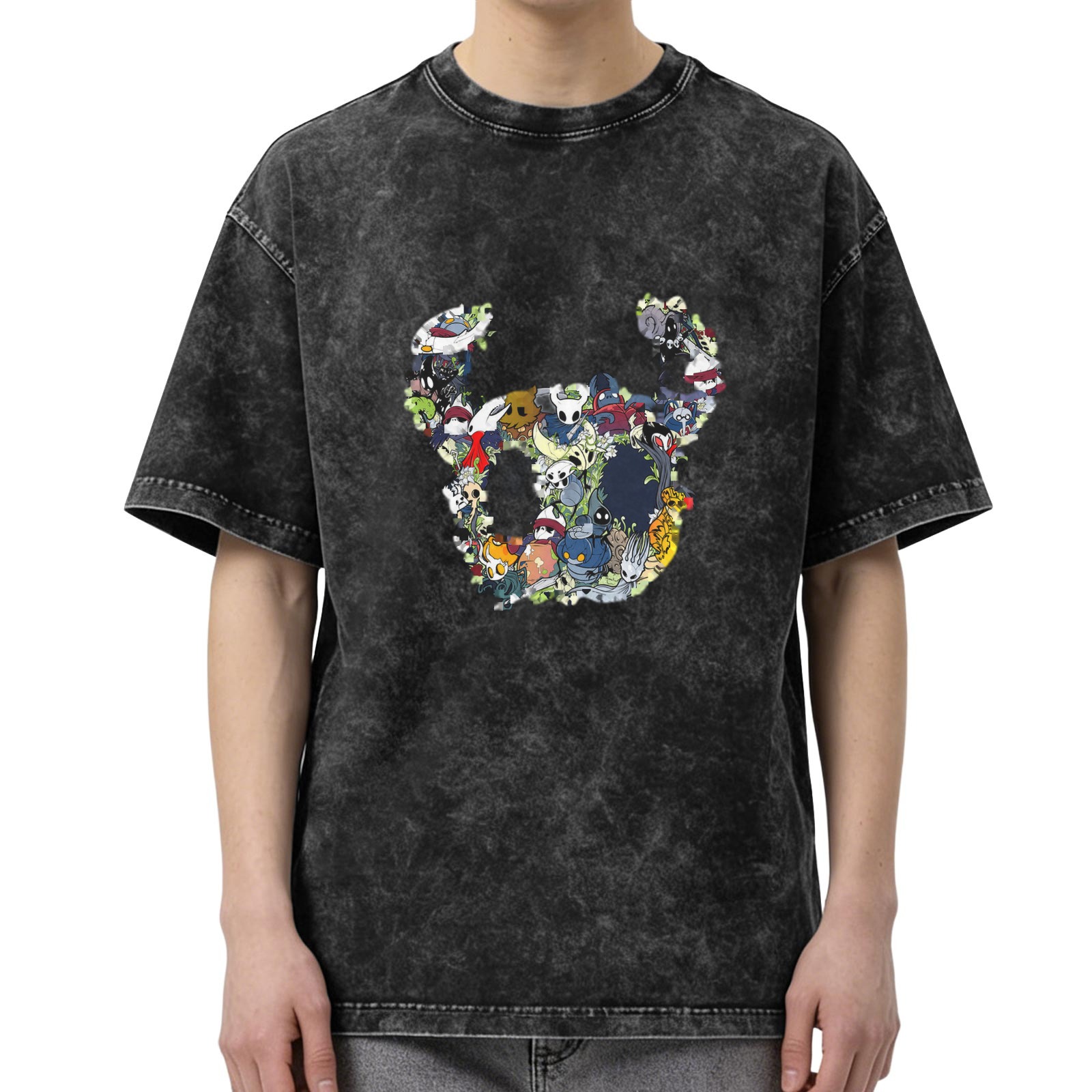Oversized Washed Black T-Shirt With Hollow Knight Character Collage Graphic