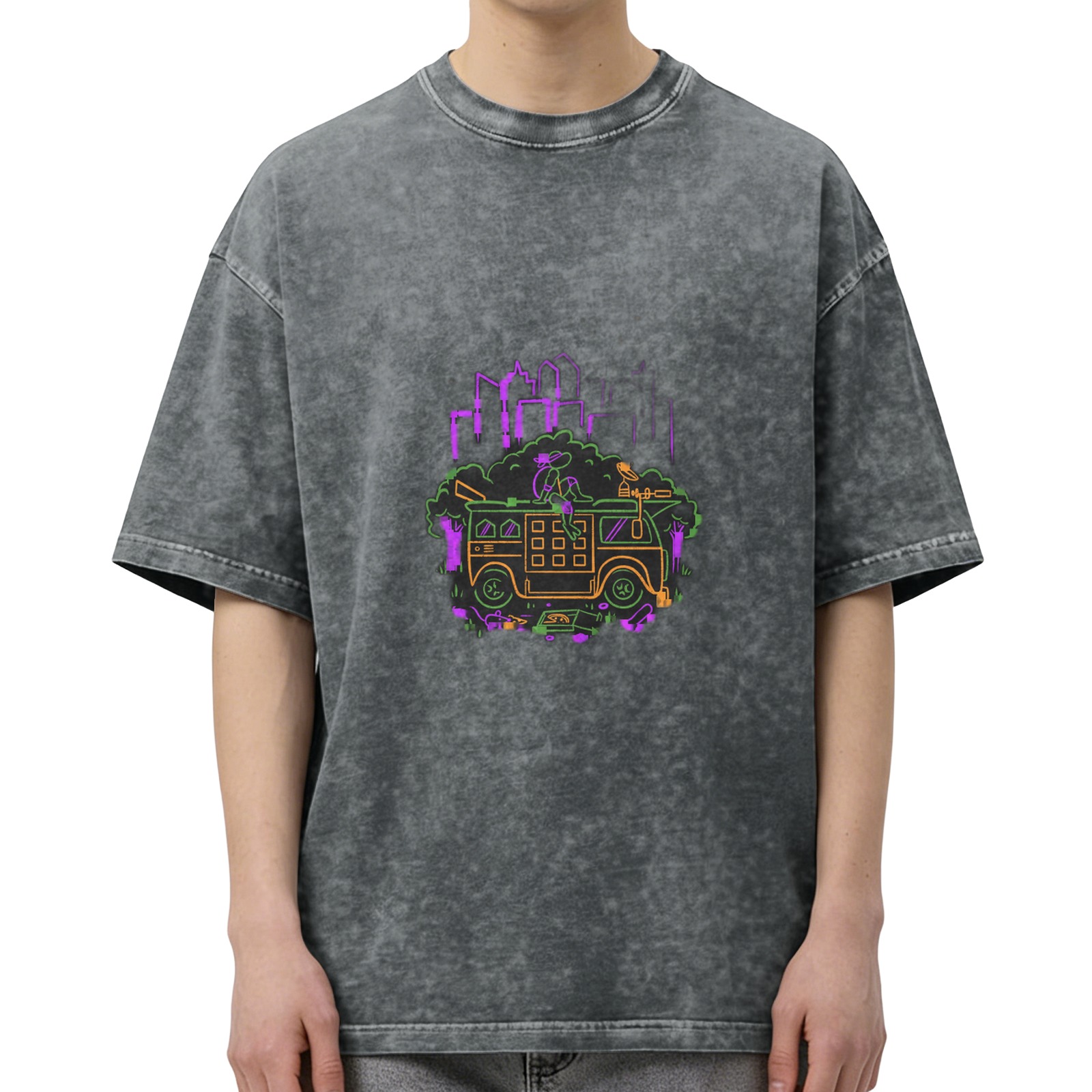 Washed Black Oversized T-Shirt With Neon Turtle Van Graphic
