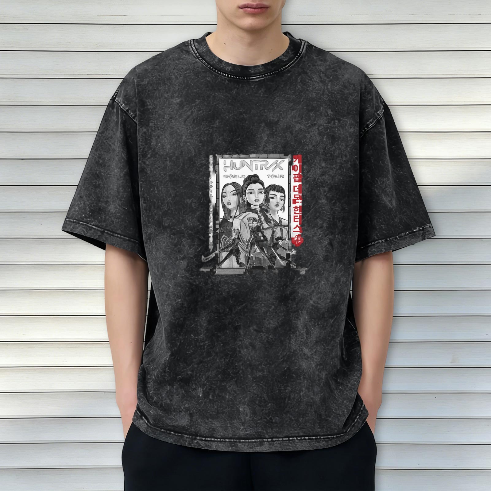 Oversized Black Acid Wash T-Shirt with Anime Girl Graphic Print