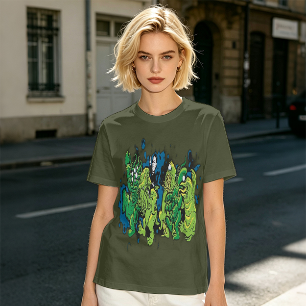 Olive Green T-Shirt With Abstract Green Monster Graphic Print
