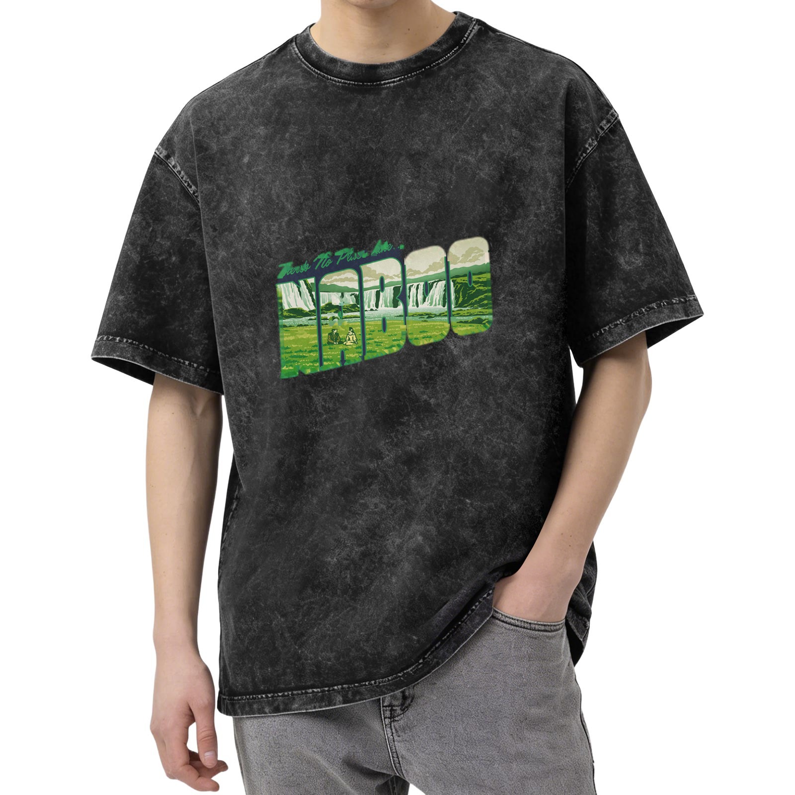 Oversized Acid Wash T-Shirt With Waterfall Landscape Graphic