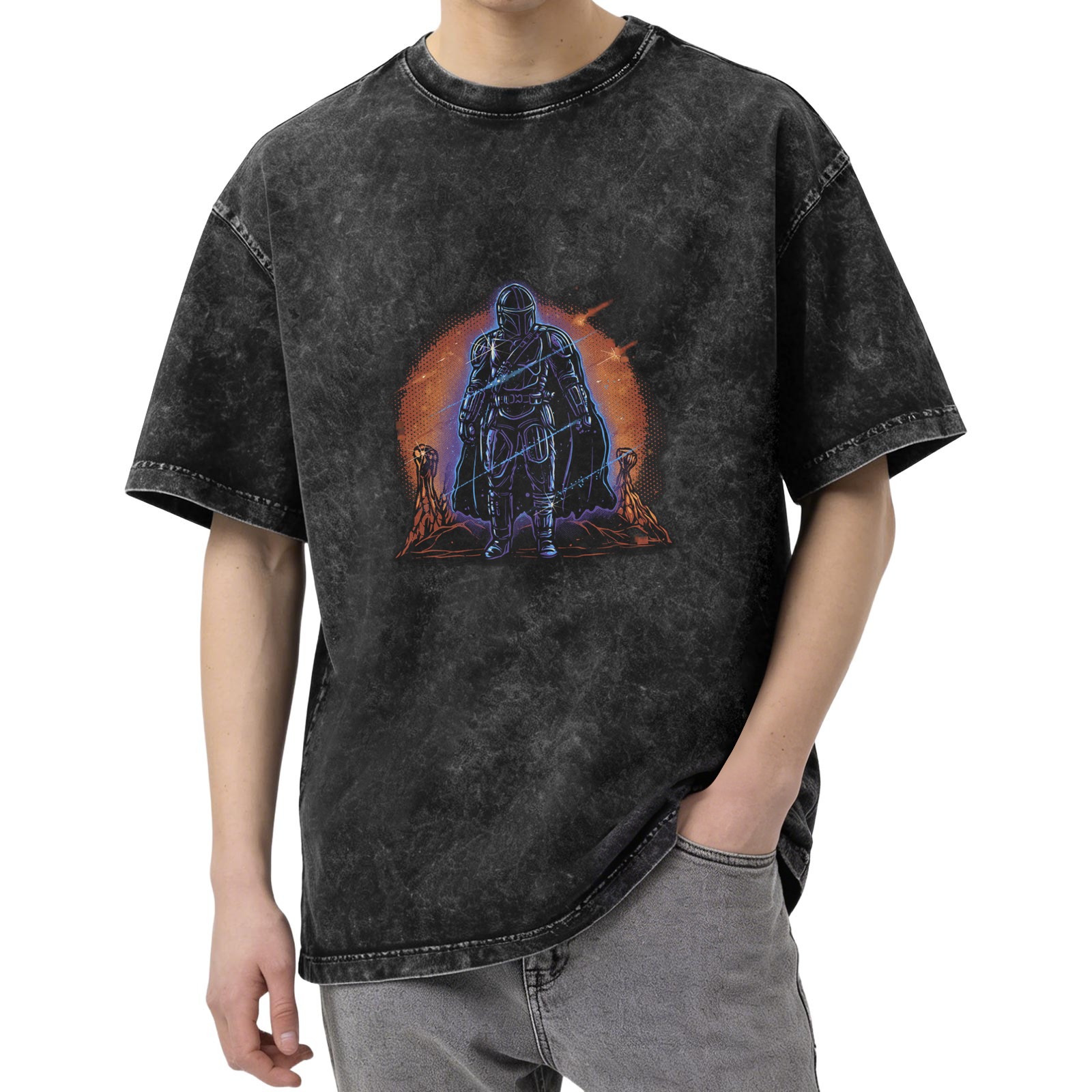 Washed Black T-Shirt With Sci-Fi Bounty Hunter Desert Print