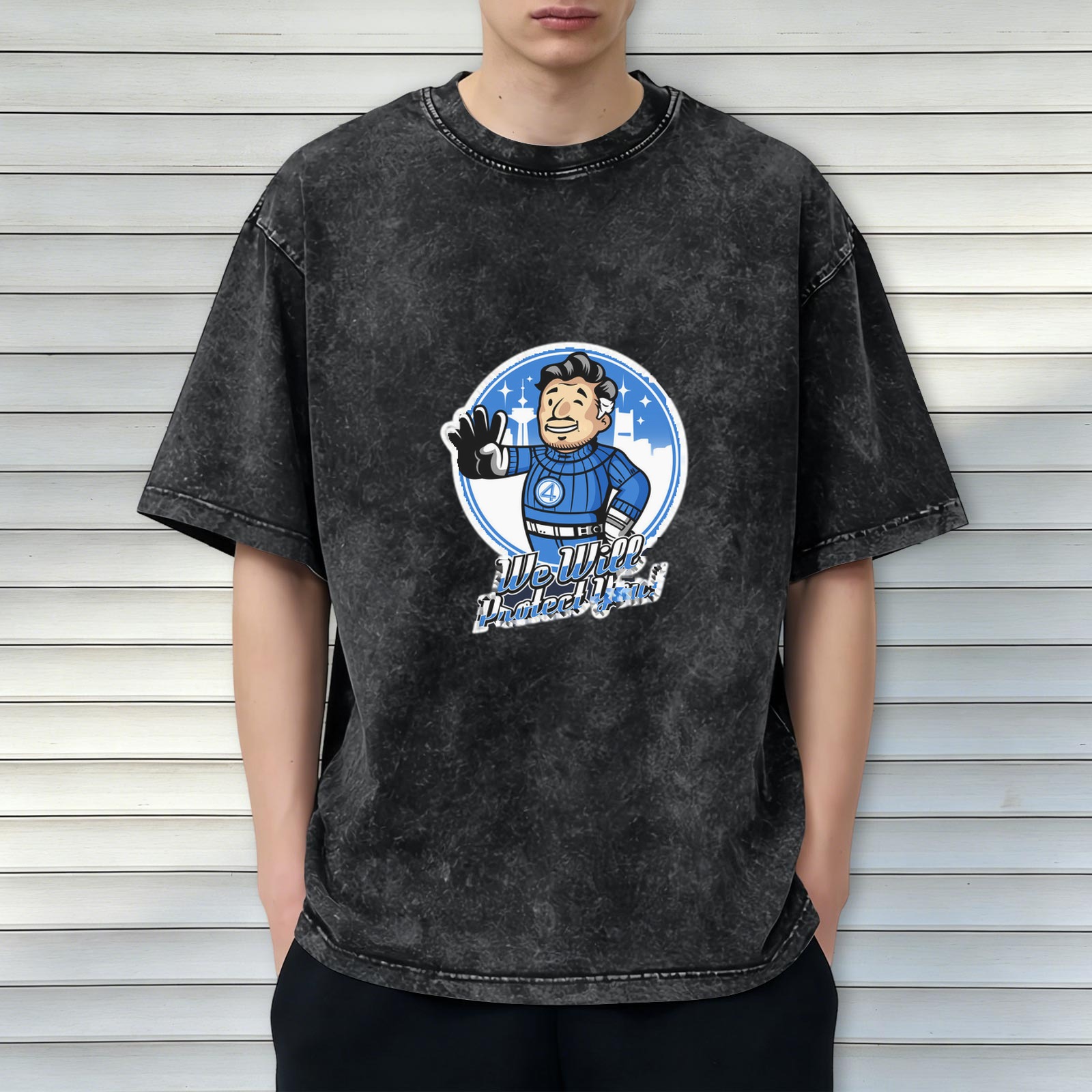 Washed Black T-Shirt with Retro Cartoon Character We Will Protect You Print