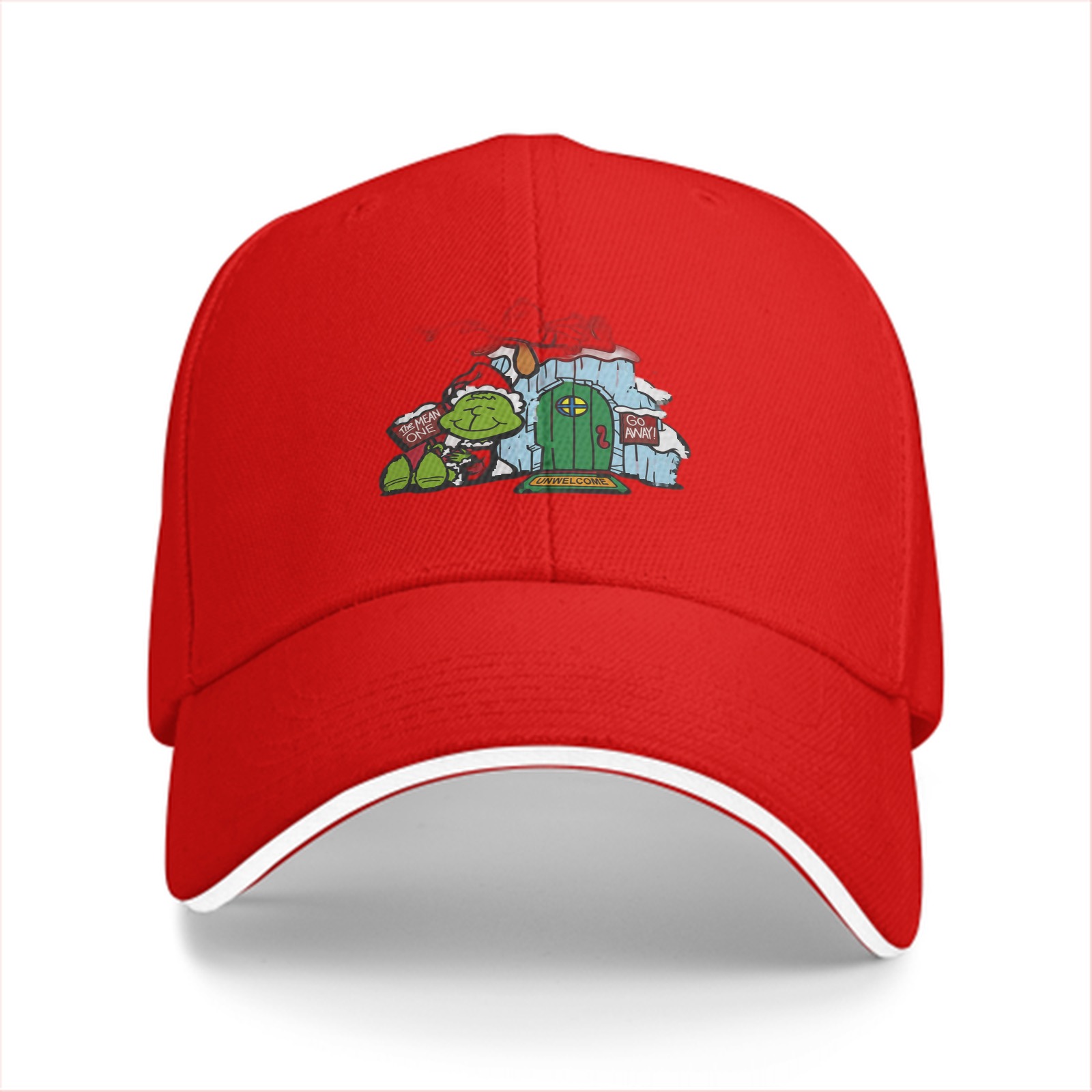Black baseball cap with Grinch-themed holiday door print