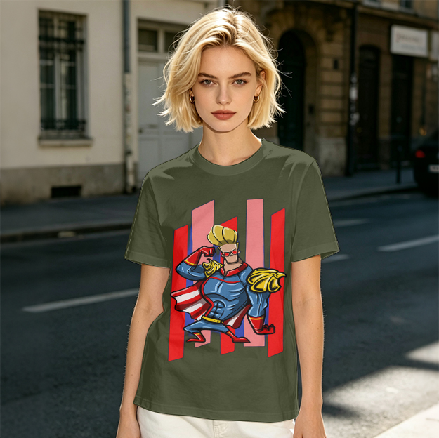 Olive T-Shirt With Cartoon Superhero Character Graphic Print