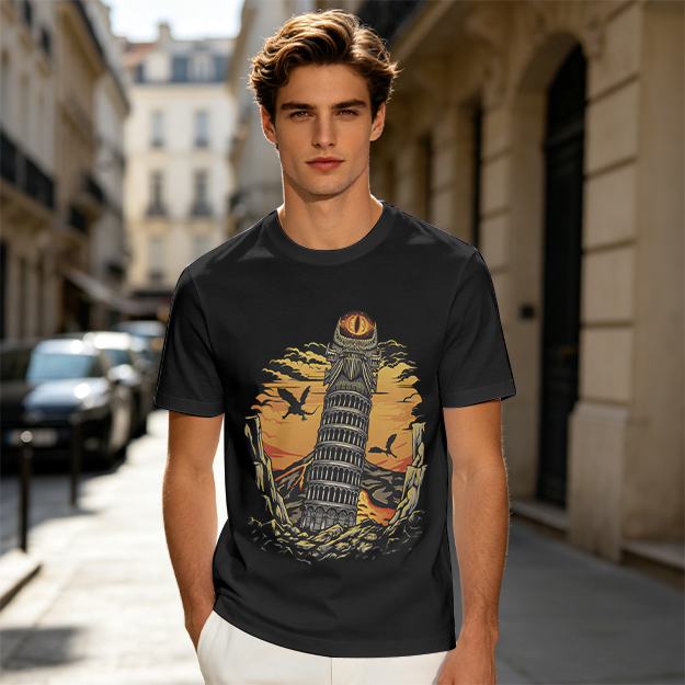 Ominous tower with eye and flying creatures graphic t-shirt