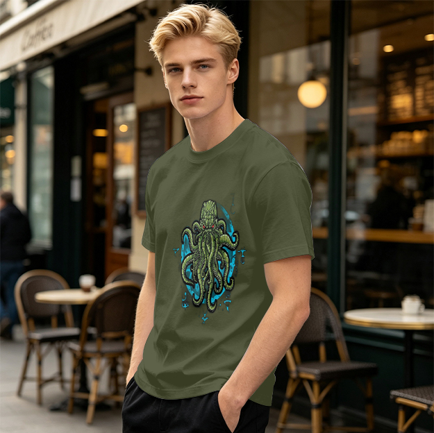 Olive Green T-Shirt With Cthulhu Octopus Monster Graphic