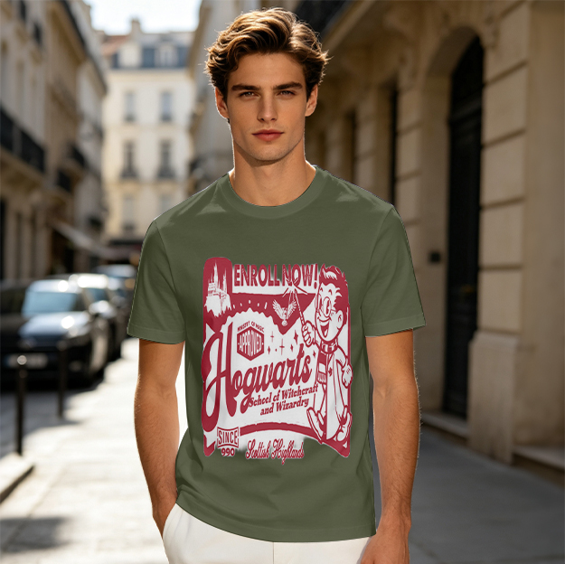 Olive green t-shirt with Hogwarts enrollment vintage graphic