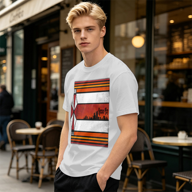Olive T-Shirt With Retro Striped City Skyline Graphic Print