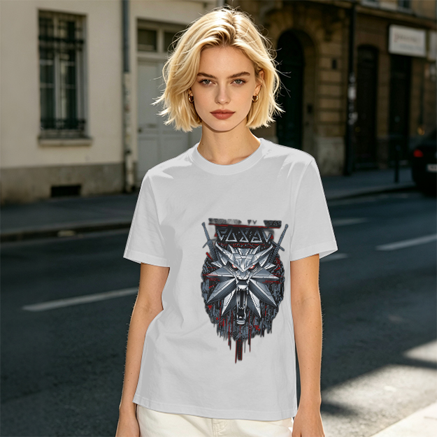 Olive Green T-Shirt With Witcher Wolf Medallion Graphic