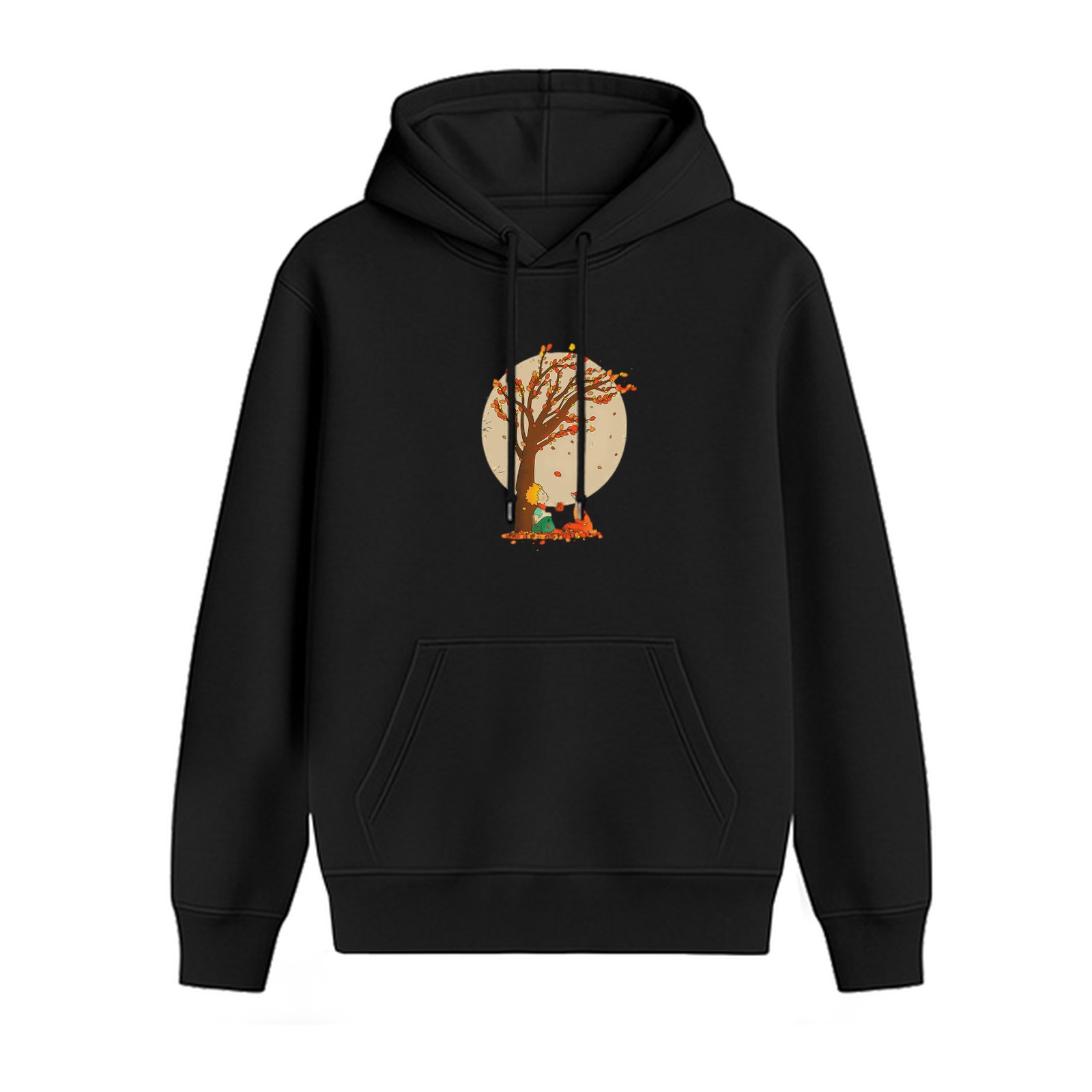 Black hoodie with autumn tree and small figure graphic