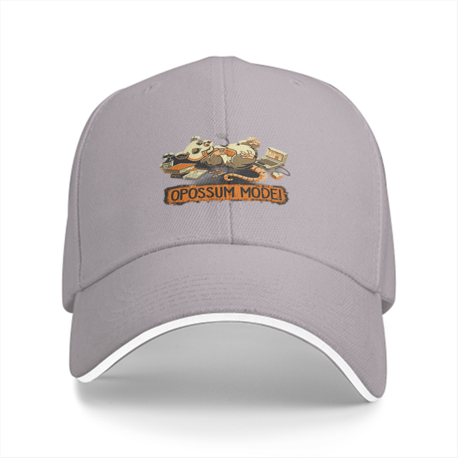 Black baseball cap with relaxed opossum 'OPOSSUM MODE!' graphic