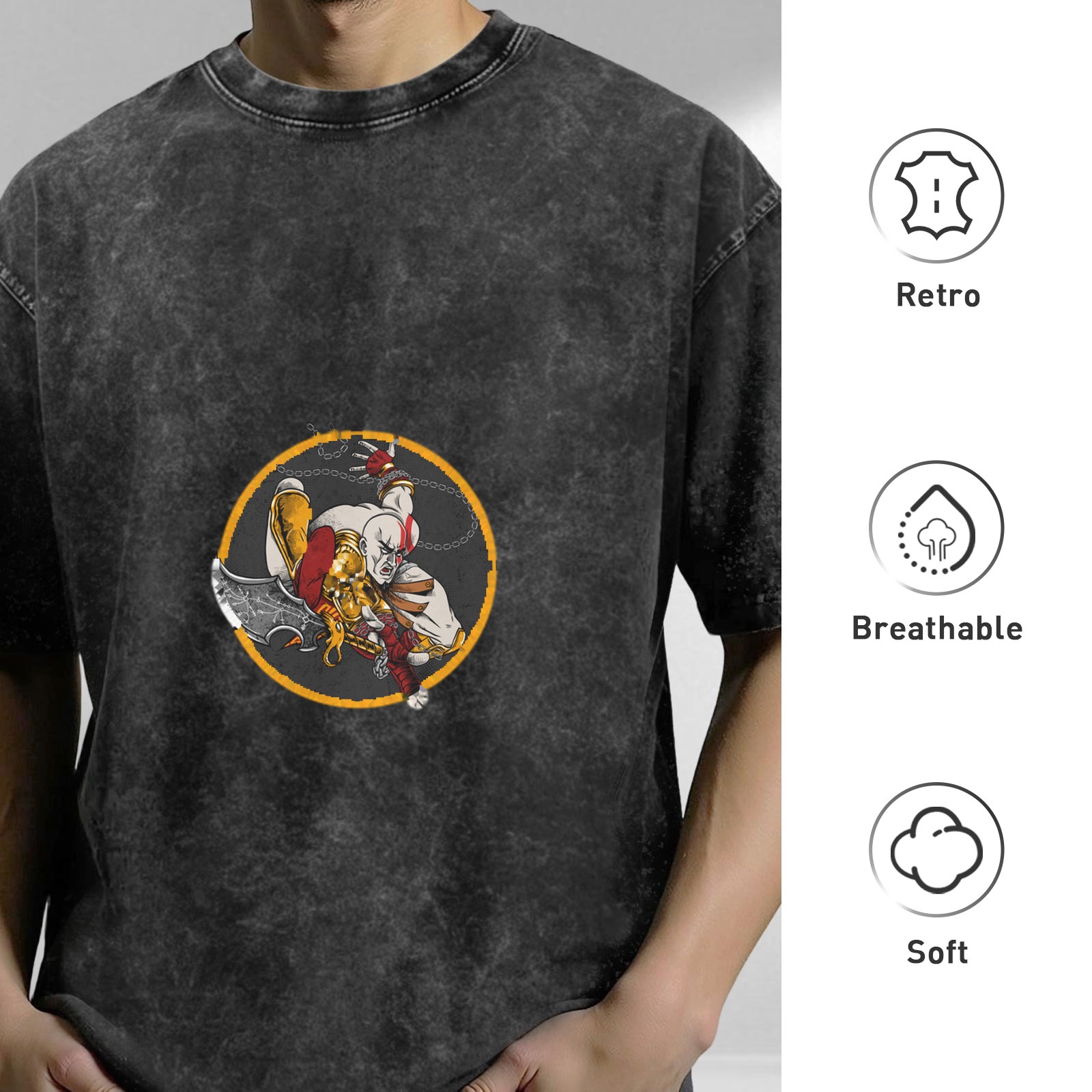 Washed Black Oversized T-Shirt With Kratos Graphic Print